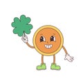 Trendy retro cartoon character gold coin. Happy Saint Patricks Day. Coin with four leaf clover. Groovy style, vintage, 70s 60s