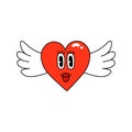 Trendy retro cartoon stickers red heart with wings. ÃÂ¡omic characters