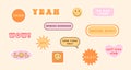 Trendy retro positive stickers set. Collection of various patches with emoticons and hippie phrases. Smiley face and