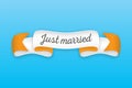 Trendy retro ribbon with text Just married. Colorful banner with