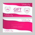 Trendy romantic Valentine day gift voucher with pink gradient elements and hexagon silver hearts