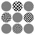 Trendy round checkered pattern, distorted tiled grid. Wavy curved backdrop, distortion effect. Funky geometric Royalty Free Stock Photo