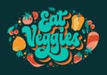 Trendy 70s script style modern lettering design - Eat veggies. Isolated typography illustration with groovy veggies and leaves. Royalty Free Stock Photo