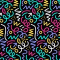 Trendy 90s style vivied line doodle seamless pattern. Creative minimalistic art background for kids with basic abstract