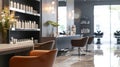 A trendy salon with elegant decor, where a skilled hairstylist shampoos a client hair with premium products