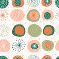 Trendy seamless background of geometric shapes and doodles.