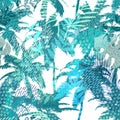 Trendy seamless exotic pattern with palm, tropical plants and hand drawn textures. Modern abstract design for paper Royalty Free Stock Photo