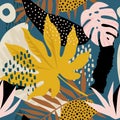 Trendy seamless exotic pattern with tropical plants and animal prints. Vector illustration. Modern abstract design for