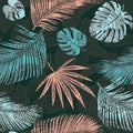 Trendy seamless exotic pattern with tropical plants and animal prints. Vector illustration. Modern abstract design for paper, wall