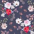 Trendy seamless floral pattern with bouquets of roses, spiraea branchs, bell, cosmos and umbrella flowers, bird cherry berries