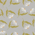 Trendy seamless floral pattern with daisies. A hand-drawn modern illustration of large flowers with white leaves on a solid color