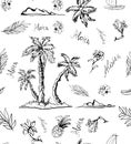 Trendy Seamless island floral pattern on white background. Landscape with palm trees, beach and ocean vector