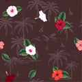 Trendy seamless island pattern on dark marron background. Landscape with palm trees,beach ,hibiscus flowers and ocean