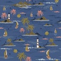 Trendy seamless island pattern Landscape with palm trees,beach and ocean vector hand drawn style on stylish ocean blue color Royalty Free Stock Photo