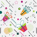 Trendy seamless Memphis style geometric pattern with Gift, vector illustration