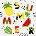 Trendy seamless, Memphis style watermelon and pineapple geometric pattern, vector
