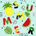 Trendy seamless, Memphis style watermelon and pineapple geometric pattern, vector illustration