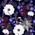 Trendy seamless pattern.Dark botanical stylish many kind of flo