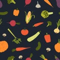Trendy seamless pattern with delicious vegetables or harvested crops scattered on black background. Backdrop with
