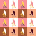 Trendy seamless pattern with fashion woman dressed in coat, hat, sunglasses, striped trousers