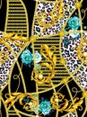 Trendy seamless pattern with gold chains, leopard and baroque, patch for print. Royalty Free Stock Photo