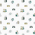 Trendy seamless pattern with hand drawn half colored vintage and modern photo cameras