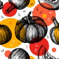 Trendy seamless pattern with hand drawn Pumpkins. Thanksgiving creative design. Autumn Harvest festival background with vector Royalty Free Stock Photo