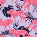 Trendy seamless pattern with leopards with tropical leaves combitaion color Pink and purple vetor EPS10,Design for fashion ,