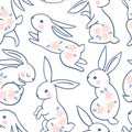 Trendy seamless pattern. A line of silhouettes of a bunny rabbit in a vector painted with pink flowers. Monochrome