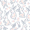 Trendy seamless pattern. A line of silhouettes of a bunny rabbit in a vector painted with pink flowers. Monochrome