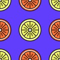 Trendy seamless pattern with oranges and lemon slices on a vibrant violet background. Cute background with citrus slices Royalty Free Stock Photo