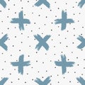 Trendy seamless pattern painted with rough brush. Repeated crosses and round spots drawn by hand.