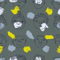 Trendy seamless pattern with peoples faces and brush strokes. Perfect for T-shirt, textile and print.