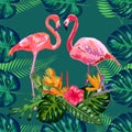 Trendy seamless pattern pink flamingo birds couple. Bright camelia flowers. Tropical monstera green leaves Royalty Free Stock Photo