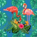 Trendy seamless pattern pink flamingo birds couple. Bright camelia flowers. Tropical monstera green leaves Royalty Free Stock Photo