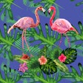 Trendy seamless pattern pink flamingo birds couple. Bright camelia flowers. Tropical monstera green leaves