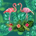 Trendy seamless pattern pink flamingo birds couple. Bright camelia flowers. Tropical monstera green leaves Royalty Free Stock Photo