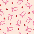 Trendy seamless pattern with ribbon bows and red hearts. Royalty Free Stock Photo