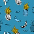 Trendy Seamless pattern in Summer fruits pineapple and bananas fill in with animal leopard skin design for fashion fabric Royalty Free Stock Photo