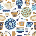 Trendy seamless pattern tableware. Ceramic cookware, rustic decorative pottery, crafted spoon, dishes and cups, kitchen