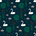 Trendy seamless pattern with white swans, water lily, bulrush and leaves on dark blue background. Royalty Free Stock Photo