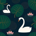 Trendy seamless pattern with white swans, water lily and leaves on dark blue background.