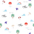 Trendy seamless summer pattern with beach icon elements such as palm trees , sky, rainbow ,sun ,umbrella, sea and wordingÃ¢â¬Â Royalty Free Stock Photo