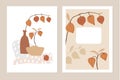 Trendy set of floral fall greeting cards, invitations. Physalis fruit, leaves, branches and vase. Abstract geometric