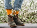 Trendy shoes and bright socks. Men`s and women`s style Royalty Free Stock Photo