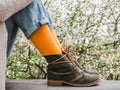 Trendy shoes and bright socks. Men`s and women`s style Royalty Free Stock Photo