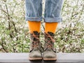 Trendy shoes and bright socks. Men`s and women`s style Royalty Free Stock Photo