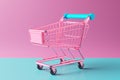 Trendy shopping cart on a pink and turquoise background