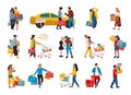 Trendy shopping people. Cartoon men and women making purchases in store. Happy characters carrying bags and pushing Royalty Free Stock Photo