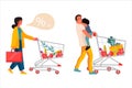 Trendy shopping people. Cartoon men and women with trolley making purchases. Happy characters carrying bags and pushing Royalty Free Stock Photo